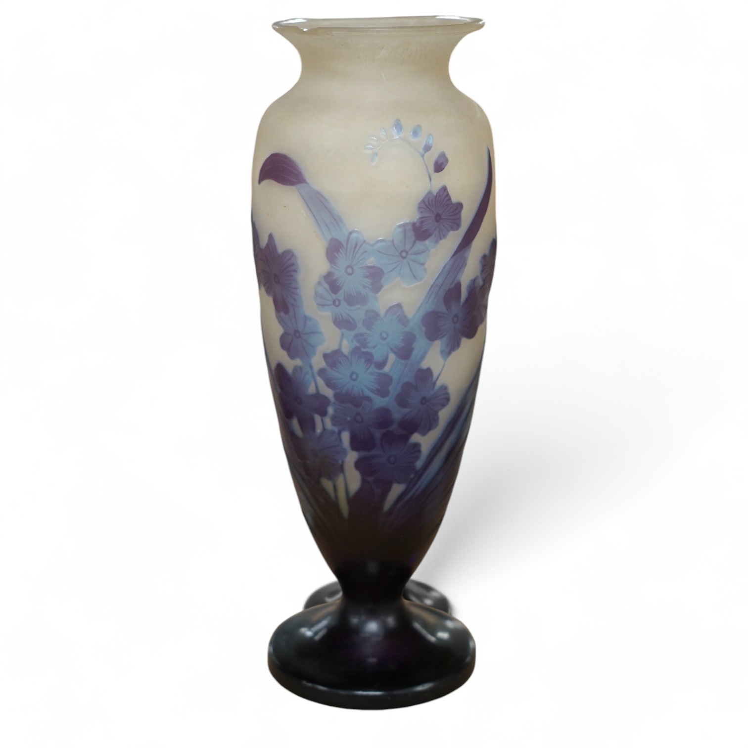 A Gallé tall blue iris vase, 20cm high. Condition - poor to fair, large chip to the rim and some surface scratches